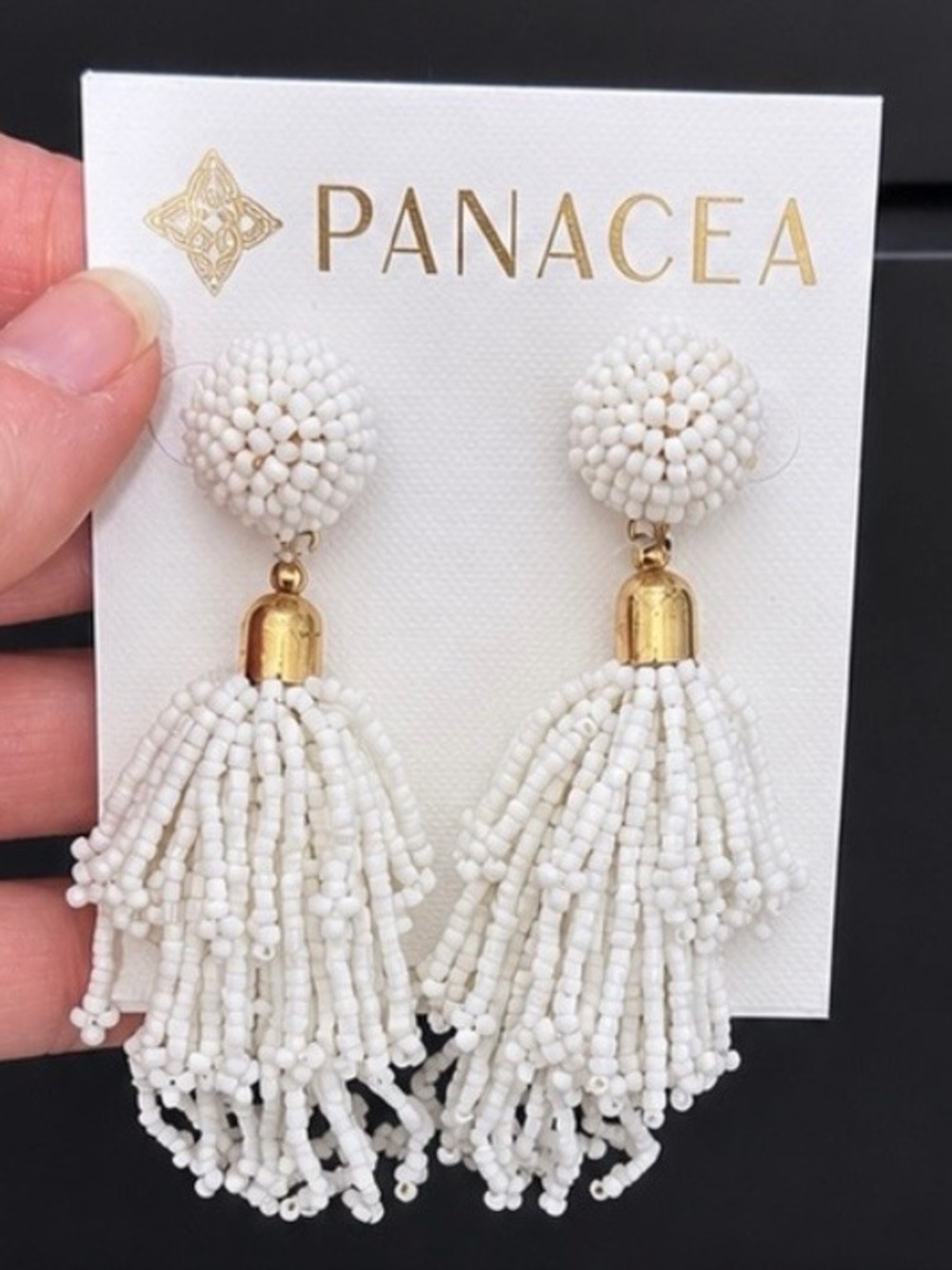 Panacea Cream Beaded Tassel Drop Earrings with Gold Accents Brand New